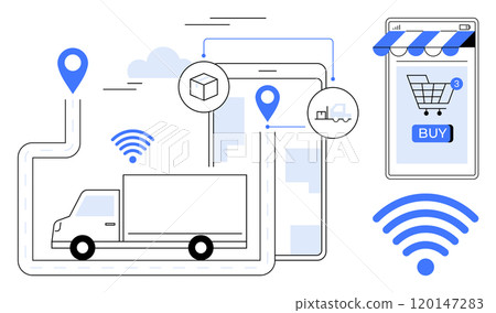 A truck navigates a route with GPS markers, linked to a tablet and mobile phone showing shopping cart and delivery icons. Ideal for online shopping, logistics, supply chain management, mobile A truck navigates a route with GPS markers, linked to a tablet and mobile phone showing shopping cart and delivery icons. Ideal for online shopping, logistics, supply chain management, mobile 120147283