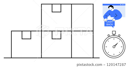 Four stacked boxes and a stopwatch suggest efficient logistics and quick order processing. A man offers cashback. Ideal for e-commerce, delivery services, online shopping, customer incentives 120147287