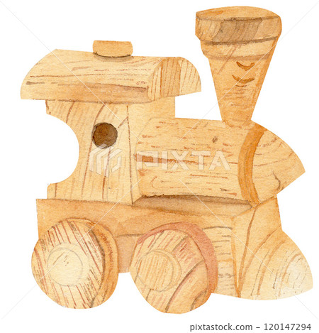 Watercolor illustration children's toy wooden train composition isolated from the background. Hand drawn drawing of retro kid things. For invitations, greeting cards, prints posters, stickers and more 120147294