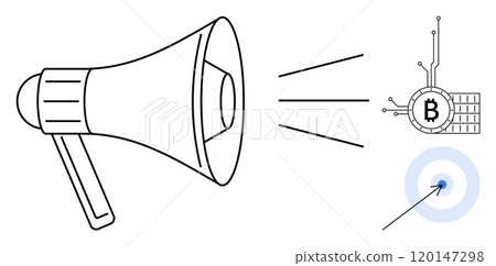 A black and white drawing of a megaphone projecting sound waves toward a Bitcoin symbol connected to circuits, indicating digital technology use. A bullseye with a blue center represents targeted A black and white drawing of a megaphone projecting sound waves toward a Bitcoin symbol connected to circuits, indicating digital technology use. A bullseye with a blue center represents targeted 120147298