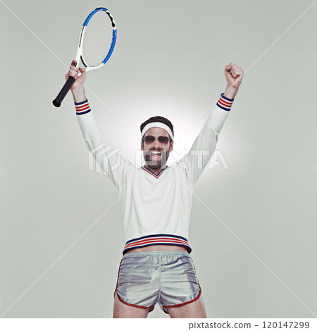 Celebrating every point. Cropped shot of a young tennis player celebrating his victory. 120147299