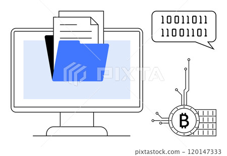 A computer screen displays a digital folder containing documents and files. To the right, a cryptocurrency symbol and binary code speech bubble are visible. Ideal for data management, cryptocurrency A computer screen displays a digital folder containing documents and files. To the right, a cryptocurrency symbol and binary code speech bubble are visible. Ideal for data management, cryptocurrency 120147333