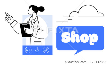 Doctor holding a clipboard, engaging in a virtual consultation. Phone, microphone icons seen. Speech bubble says Shop near a cloud. Ideal for medical services, online shopping, e-commerce 120147336