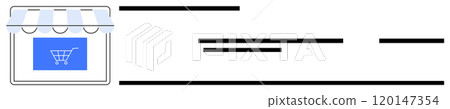 Storefront image featuring a shopping cart icon and awning. Ideal for online stores, e-commerce, digital marketing, retail businesses, product promotions, and small business advertising. Clean 120147354