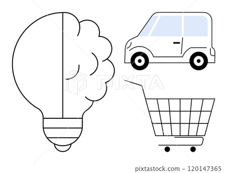 Light bulb represents ideas, car symbolizes movement and travel, shopping cart indicates commerce activities. Ideal for business, innovation, transportation, shopping, and strategy. Minimalist 120147365