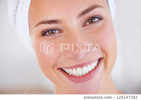 Smiles for days. Close up of a pretty females flawless face. 120147382