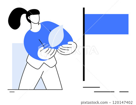 Person holding a leaf while wearing blue. Clean lines and flat colors. Ideal for environmental initiatives, sustainability campaigns, eco-friendly products, nature conservation, and minimalist design 120147402