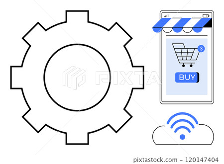 Large gear beside a smartphone screen displaying an online shopping cart with buy button. Wireless symbol below. Ideal for e-commerce, automation, mobile shopping, technology, wireless communication 120147404