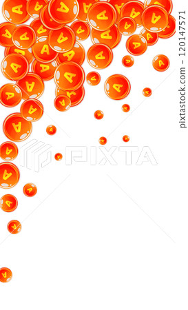 Vitamin A round capsules scattered randomly. Beauty treatment and nutrition skin care. Healthy life concept. Medical and scientific background. Vitamin A round capsules scattered randomly. Beauty treatment and nutrition skin care. Healthy life concept. Medical and scientific background. 120147571