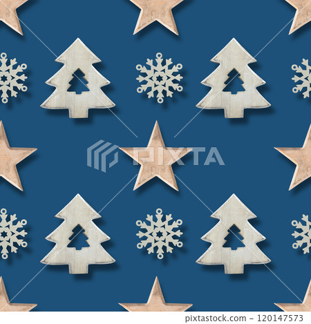 Seamless pattern of Christmas wooden white snowflakes, stars, xmas tree on neutral beige background in Scandinavian style. Xmas scandi abstract wallpaper for fabric prints or wrapping paper. 120147573