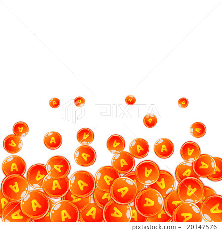 Vitamin A round capsules scattered randomly. Beauty treatment and nutrition skin care. Essential vitamins vector illustration. Wellness concept. Vitamin A round capsules scattered randomly. Beauty treatment and nutrition skin care. Essential vitamins vector illustration. Wellness concept. 120147576