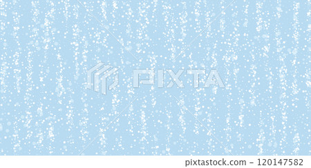 Magic falling snow christmas background. Subtle flying snow flakes and stars on light blue winter backdrop. Magic falling snow holiday scenery. Wide vector illustration. 120147582