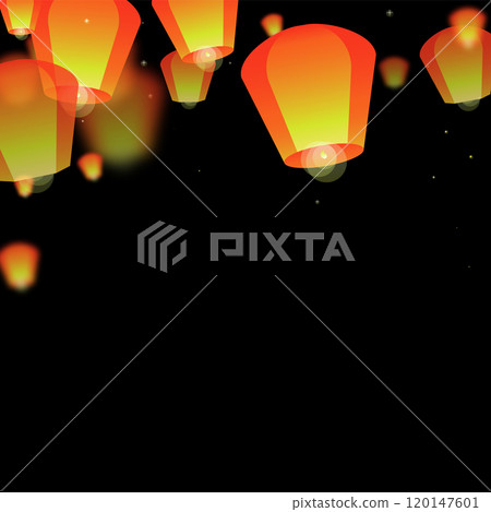 Sky lanterns floating in the night sky. Thailand holiday with paper lantern lights flying in the night sky. Sky lantern festival celebration. Vector illustration on black background. Sky lanterns floating in the night sky. Thailand holiday with paper lantern lights flying in the night sky. Sky lantern festival celebration. Vector illustration on black background. 120147601