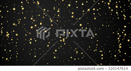 Magic stars vector overlay. Gold stars scattered around randomly, falling down, floating. Chaotic dreamy childish overlay template. Miraculous starry night vector on black background. 120147614