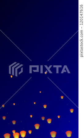 Chiang Mai celebration of Loy Krathong. Thailand holiday with paper lantern lights flying in the night sky. Chiang Mai cultural tradition. Vector illustration on dark blue background. Chiang Mai celebration of Loy Krathong. Thailand holiday with paper lantern lights flying in the night sky. Chiang Mai cultural tradition. Vector illustration on dark blue background. 120147616
