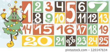 Advent calendar. Countdown to Christmas decorated with retro cartoon groovy Christmas tree Advent calendar. Countdown to Christmas decorated with retro cartoon groovy Christmas tree 120147634