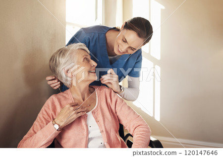 Youre like a guardian angel on my shoulder. Shot of a senior woman in a wheelchair being cared for a nurse. Youre like a guardian angel on my shoulder. Shot of a senior woman in a wheelchair being cared for a nurse. 120147646
