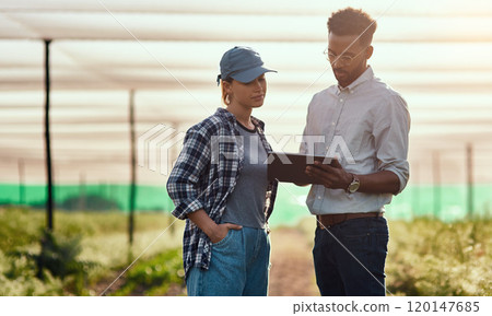 Tracking their growth. Cropped shot of two young farmers looking at a tablet while working on their farm. 120147685