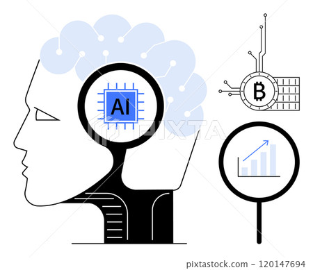 A human head with a brain circuit symbolizes AI, beside it a blockchain-related symbol and a growth graph under a magnifying glass. Ideal for technology, artificial intelligence, blockchain, data A human head with a brain circuit symbolizes AI, beside it a blockchain-related symbol and a growth graph under a magnifying glass. Ideal for technology, artificial intelligence, blockchain, data 120147694