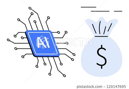 Blue AI chip connected to circuits placed near a money bag symbolizing currency. Ideal for technology advancements, AI development, financial growth, economic innovation, and digital transformation Blue AI chip connected to circuits placed near a money bag symbolizing currency. Ideal for technology advancements, AI development, financial growth, economic innovation, and digital transformation 120147695