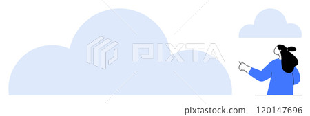 Minimalist vector showing a person in blue pointing at a large cloud with a smaller cloud in the background. Ideal for weather themes, dreams, goals, simplicity, and nature-related concepts. Clean Minimalist vector showing a person in blue pointing at a large cloud with a smaller cloud in the background. Ideal for weather themes, dreams, goals, simplicity, and nature-related concepts. Clean 120147696