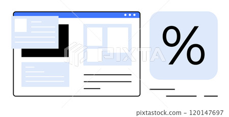 Webpage layout with various content blocks and a large percentage sign. Ideal for web analytics, UI design, metric visualization, digital marketing, and business intelligence. Minimalist style 120147697