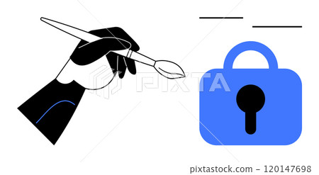 Hand holding a paintbrush next to a blue padlock symbolizing the blend of art and security. Ideal for digital security, creative freedom, secure design, online privacy, and innovation. Simple modern Hand holding a paintbrush next to a blue padlock symbolizing the blend of art and security. Ideal for digital security, creative freedom, secure design, online privacy, and innovation. Simple modern 120147698