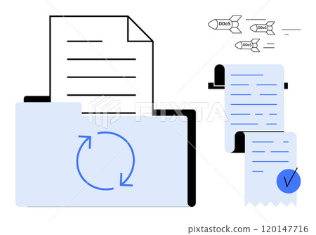 Folder with a syncing icon and a document, invoices with a checkmark, and flying financial symbols. Ideal for business document management, finance organization, workflow optimization, digital Folder with a syncing icon and a document, invoices with a checkmark, and flying financial symbols. Ideal for business document management, finance organization, workflow optimization, digital 120147716