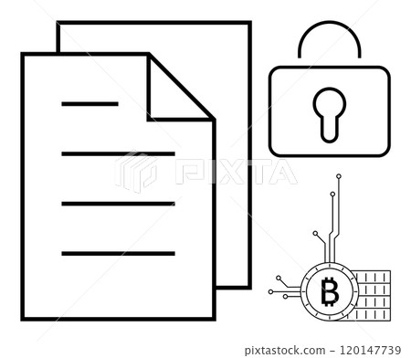 Two stacked documents, a secure lock and a Bitcoin symbol with circuitry. Ideal for security, finance, data protection, cryptocurrency, and digital transactions. Black and white, minimalistic style Two stacked documents, a secure lock and a Bitcoin symbol with circuitry. Ideal for security, finance, data protection, cryptocurrency, and digital transactions. Black and white, minimalistic style 120147739