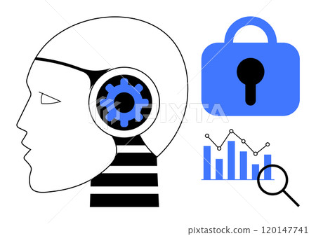 A head with a gear inside, a lock symbol, and a bar graph with a magnifying glass. Ideal for security, data analysis, artificial intelligence, technology development, and privacy themes. Clean modern 120147741