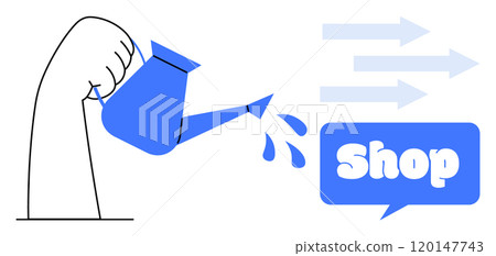 Hand with blue watering can pouring water towards speech bubble with shop text. Three arrows indicate movement, growth, and e-commerce. Ideal for business, marketing, online shopping, growth Hand with blue watering can pouring water towards speech bubble with shop text. Three arrows indicate movement, growth, and e-commerce. Ideal for business, marketing, online shopping, growth 120147743