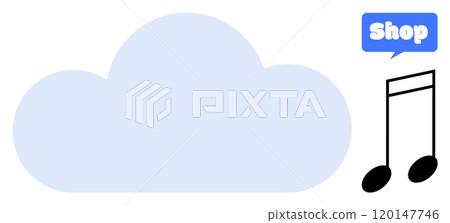 Soft blue cloud with Shop icon and musical note represents digital music storage and online shopping. Ideal for online music stores, downloads, cloud storage, digital content, web services. Simple Soft blue cloud with Shop icon and musical note represents digital music storage and online shopping. Ideal for online music stores, downloads, cloud storage, digital content, web services. Simple 120147746