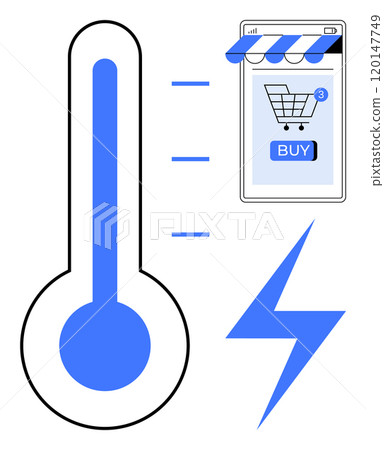 Smartphone screen with a shopping cart shows an online purchase icon. A large thermometer and blue lightning symbol appear alongside. Ideal for online shopping, digital marketing, e-commerce, energy 120147749