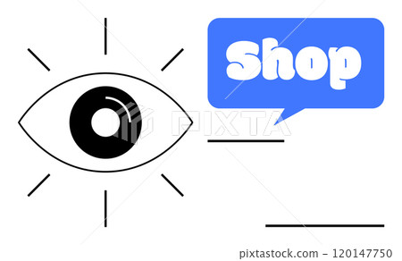 An eye icon with lines suggesting focus and a blue speech bubble containing the word Shop. Ideal for e-commerce, marketing, online stores, advertising campaigns, and user interface design. Simple 120147750