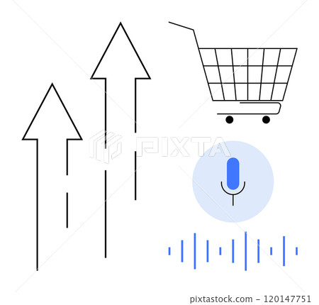 Three upward arrows a shopping cart and a voice recognition symbol with sound waves Ideal, for e-commerce trends retail growth voice-activated shopping market analysis and digital innovation Modern Three upward arrows a shopping cart and a voice recognition symbol with sound waves Ideal, for e-commerce trends retail growth voice-activated shopping market analysis and digital innovation Modern 120147751