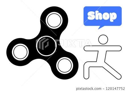 Black fidget spinner next to a stick figure with a blue speech bubble containing the word Shop. Ideal for toy stores, shopping icons, playful graphics, childrens products, online marketplaces Black fidget spinner next to a stick figure with a blue speech bubble containing the word Shop. Ideal for toy stores, shopping icons, playful graphics, childrens products, online marketplaces 120147752