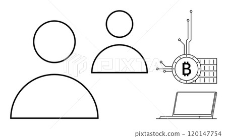 Two user profile outlines, a Bitcoin symbol with circuit lines, and a laptop represent digital identity and cryptocurrency. Ideal for technology, finance, cryptocurrency, digital security, and online 120147754