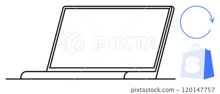 Minimalistic outline of a laptop with an adjacent circular arrow and shopping bag. Ideal for e-commerce, online shopping, technology, digital marketing, and business presentations. Simple line art 120147757