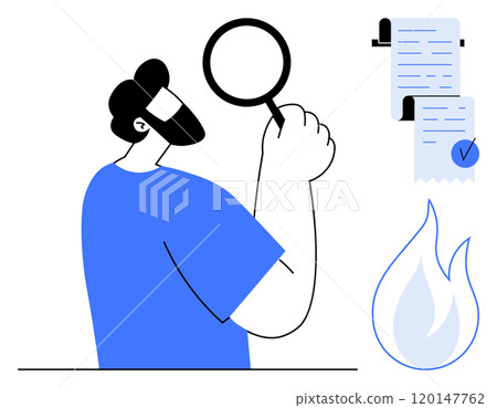 A person holding a magnifying glass closely examines documents beside a burning paper icon. Ideal for audit, investigation, scrutiny, document review, risk management A person holding a magnifying glass closely examines documents beside a burning paper icon. Ideal for audit, investigation, scrutiny, document review, risk management 120147762