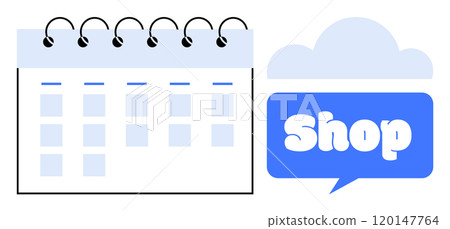 Calendar with a weekly layout featuring a speech bubble labeled Shop. Ideal for online shopping. E-commerce. Scheduling. Marketing campaigns. Retail business. The style is minimal flat vector with a 120147764