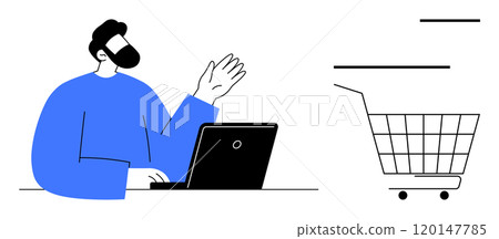 A man waves while using a laptop near a shopping cart symbol. Ideal for themes like online shopping, e-commerce, digital marketing, customer service, and technology. Minimalist vector style in blue 120147785
