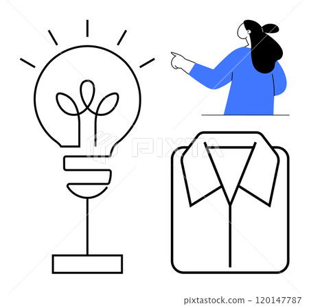 Minimalist style drawing of a light bulb with leaves inside, a person pointing, and a folded shirt. Ideal for creativity, innovation, professionalism, design, and business themes. Simple and clean Minimalist style drawing of a light bulb with leaves inside, a person pointing, and a folded shirt. Ideal for creativity, innovation, professionalism, design, and business themes. Simple and clean 120147787