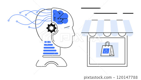 Profile of human head with gear and circuit lines beside a storefront with a shopping bag. Ideal for technology innovation retail AI automation eCommerce user experience. Outline style, blue tones Profile of human head with gear and circuit lines beside a storefront with a shopping bag. Ideal for technology innovation retail AI automation eCommerce user experience. Outline style, blue tones 120147788