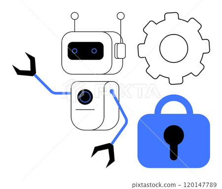 Robot with antennae and mechanical arms, next to a gear and a lock symbol. Ideal for Automation, AI, Security, Engineering, Technology. Simplistic modern style, emphasizing robotics and security 120147789