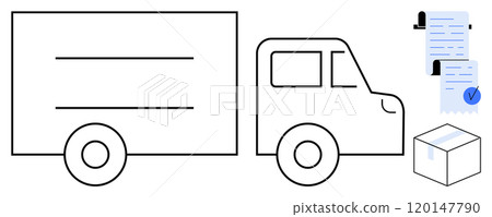 Simple line drawing of a delivery truck beside documents and package. Ideal for logistics, shipping, transportation, delivery services, and courier companies. Minimalistic Simple line drawing of a delivery truck beside documents and package. Ideal for logistics, shipping, transportation, delivery services, and courier companies. Minimalistic 120147790