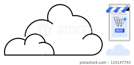 Big cloud with mobile screen showing shopping cart and buy button. Storefront canopy at top. Ideal for e-commerce, cloud computing, online shopping, digital marketing, and retail technology. Clean Big cloud with mobile screen showing shopping cart and buy button. Storefront canopy at top. Ideal for e-commerce, cloud computing, online shopping, digital marketing, and retail technology. Clean 120147791