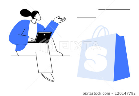 A person using a laptop sits on a surface, gesturing towards a large shopping bag with the letter S. Ideal for online shopping, e-commerce, digital marketing, consumer behavior, and retail business A person using a laptop sits on a surface, gesturing towards a large shopping bag with the letter S. Ideal for online shopping, e-commerce, digital marketing, consumer behavior, and retail business 120147792