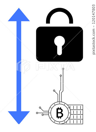 Large blue arrow beside black lock and Bitcoin symbol with circuitry outline. Ideal for blockchain, cryptocurrency, security, technology integration, digital currency. Simple, modern vector style 120147803