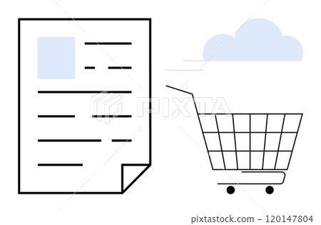 Shopping concept. A shopping cart beside a document and cloud element. Ideal for e-commerce, digital transactions, online shopping, mobile apps, and e-invoices. Modern, clean, minimalist 120147804