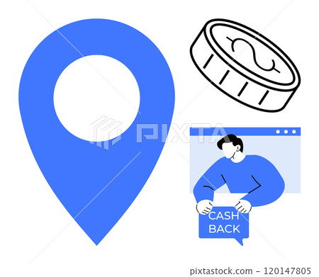 Large blue location pin with a black coin and a person holding a Cash Back sign. Ideal for maps, navigation, finance, e-commerce, rewards, and customer incentives. Simple modern style 120147805